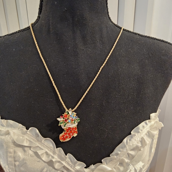 Gold Christmas Stocking Necklace with Colorful Gems - Picture 2 of 3
